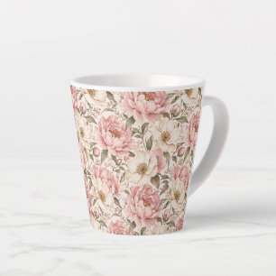 Caneca De Café Latte Padrão de Peônias Floridas Vintage