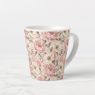 Caneca De Café Latte Padrão de Peônias Floridas Vintage