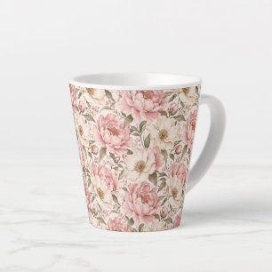 Caneca De Café Latte Padrão de Peônias Floridas Vintage