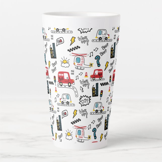 Caneca De Café Latte Padrão de Transporte Divertido para Crianças  (Frente)