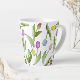 Caneca De Café Latte Padrão de Tulipas Coloridas Modernas