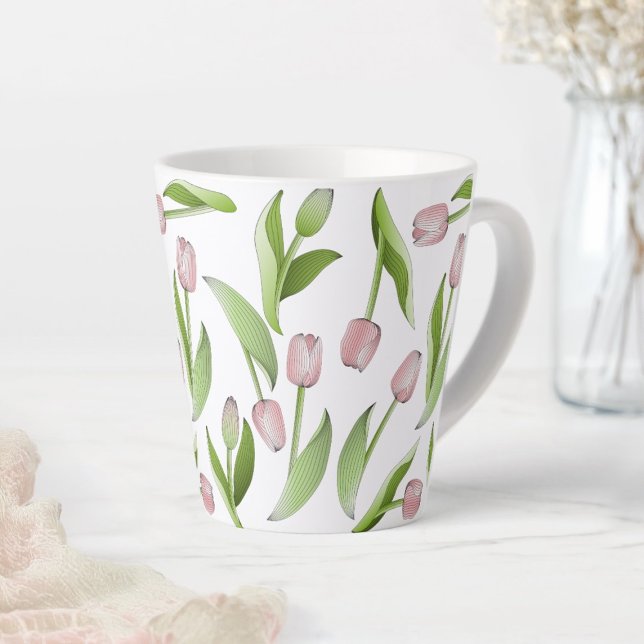 Caneca De Café Latte Padrão de Tulipas Rosa Moderno (Criador carregado)