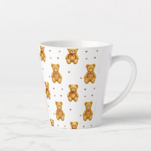 Caneca De Café Latte Padrão de Urso de Pelúcia e Corações Fofo e Sem Co