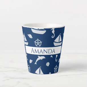 Caneca De Café Latte Padrão de vida marinha e de navegação