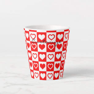 Caneca De Café Latte Padrão de Xadrez do Coração Vermelho Thunder_Cove