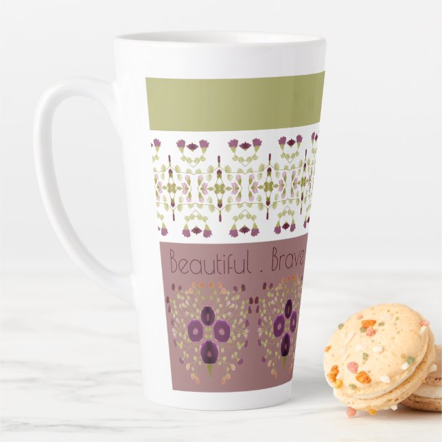 Caneca De Café Latte Padrão Delicado em Rosa Pêssego e Verde (In Situ)