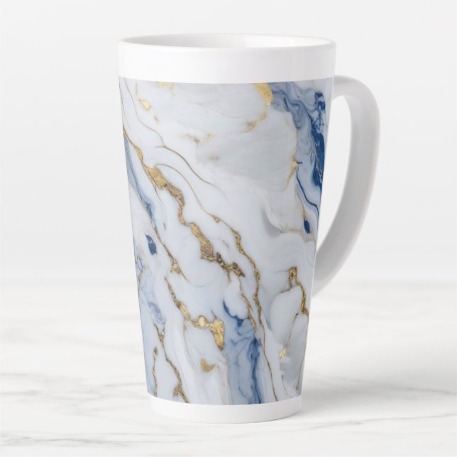Caneca De Café Latte Padrão elegante de granito branco de ouro azul (Ângulo direito)