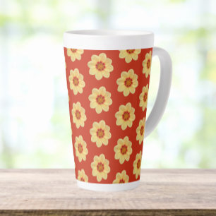Caneca De Café Latte Padrão Floral Amarelo Dahlia em Vermelho