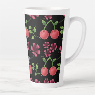 Caneca De Café Latte Padrão Floral Cereja Vermelha