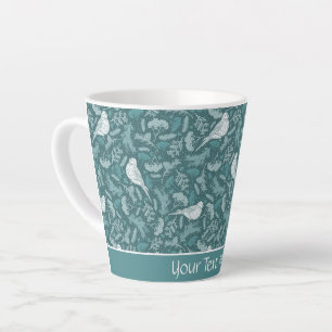Caneca De Café Latte Padrão Floral de Ave Branca Verde Brilhante
