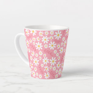 Caneca De Café Latte Padrão Floral de Margaridas Rosa e Branco Fofo e S