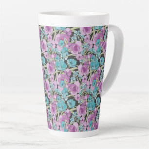 Caneca De Café Latte Padrão Floral Elegante Fundo Preto Púrpura Rosa