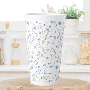 Caneca De Café Latte Padrão Floral Flor Silvestre Bonito Roxo Azul