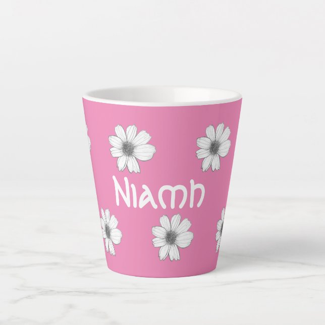 Caneca De Café Latte Padrão Floral Nome personalizado Rosa (Frente)
