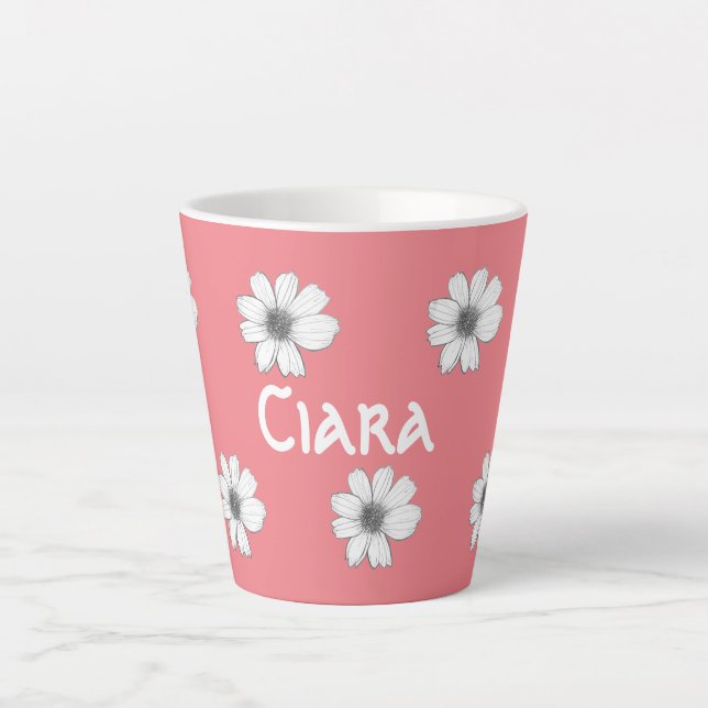 Caneca De Café Latte Padrão Floral Nome personalizado Rosa (Frente)