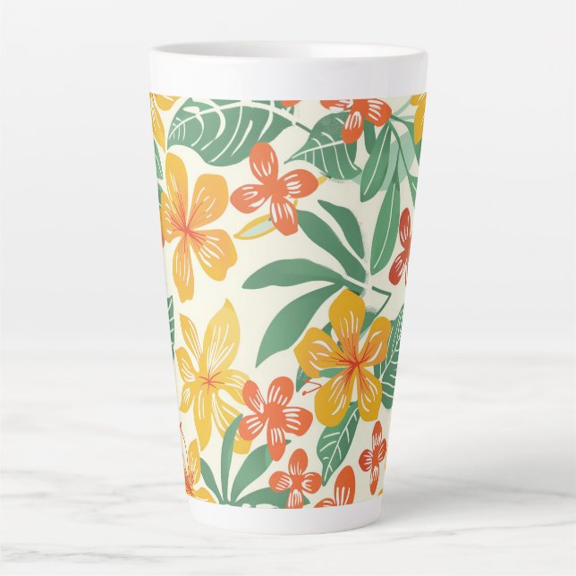 Caneca De Café Latte Padrão Floral Tropical Vibrante (Frente)