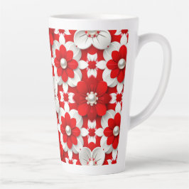 Caneca De Café Latte Padrão Floral Vibrante em Vermelho e Branco com Pé
