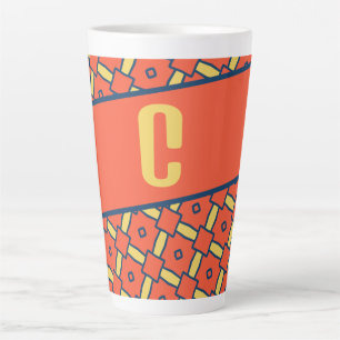 Caneca De Café Latte Padrão Geométrico Amarelo Monograma Laranja