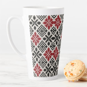 Caneca De Café Latte Padrão Geométrico Folk Preto Vermelho