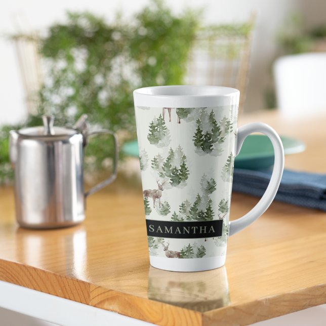 Caneca De Café Latte Padrão Invisível da Floresta de Inverno da Aquarel (Criador carregado)
