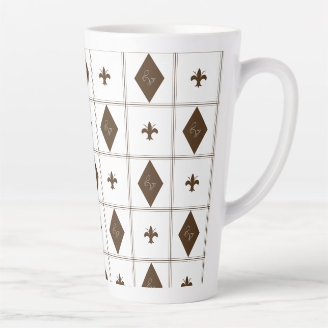 Caneca De Café Latte Padrão Marcado Elegante Branco e Castanho (Direita)