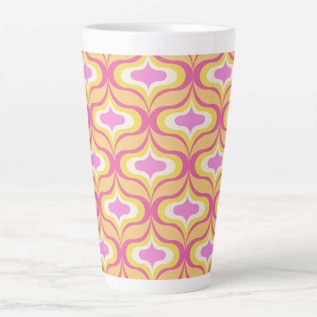 Caneca De Café Latte Padrão Retro Laranja Rosa Branco (Frente)