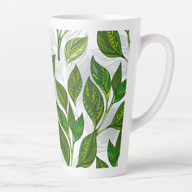 Caneca De Café Latte Padrão sem costura com folhas verdes de chá (Direita)