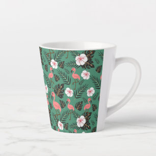 Caneca De Café Latte Padrão uniforme Flamingo rosa sobre fundo verde