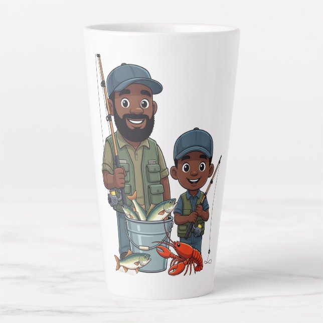 Caneca De Café Latte Pai Afro-Americano e Filho Pescando (Frente)