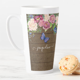 Caneca De Café Latte País russo Watercolor Marinha Floral Borgonha
