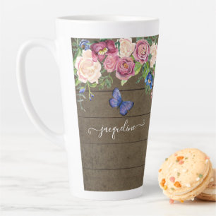 Caneca De Café Latte País russo Watercolor Marinho Floral Borgonha