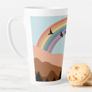 Caneca De Café Latte Paisagem Abstrata Floresta Árvores Arco-Íris & Pás