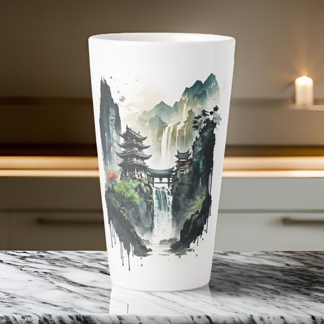 Caneca De Café Latte Paisagem Chinesa Antiga com Cascata (Enjoy moments of reflection with each sip. ☕️⛰️)