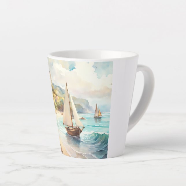 Caneca De Café Latte Paisagem com navios de mar e de navegação (Ângulo direito)