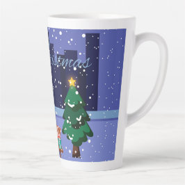 Caneca De Café Latte Paisagem de Natal com candeeiro de rua, árvore e f