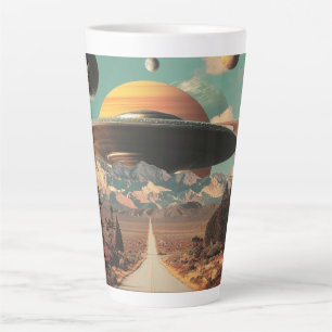Caneca De Café Latte Paisagem Surrealista com Estrada, OVNI e Saturno