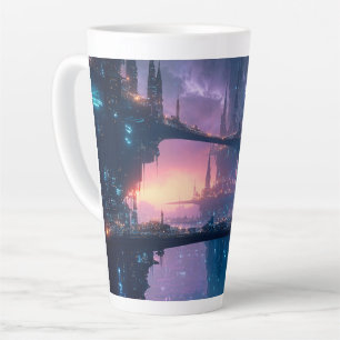 Caneca De Café Latte Paisagem Urbana Futurista ao Crepúsculo