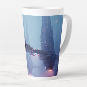 Caneca De Café Latte Paisagem Urbana Futurista com Estruturas Flutuante