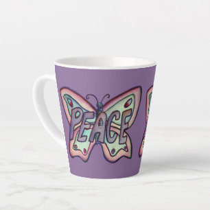 Caneca De Café Latte Palavra-Paz Arte Púrpura Borboleta Alça Latino