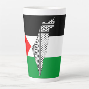 Caneca De Café Latte Palestina - Bandeira e Mapa com Padrão Keffiyeg