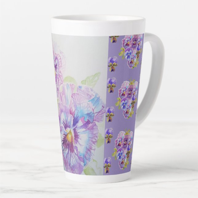 Caneca De Café Latte Pansias Pansy Púrpuras Pintadas Mão Latte (Ângulo direito)