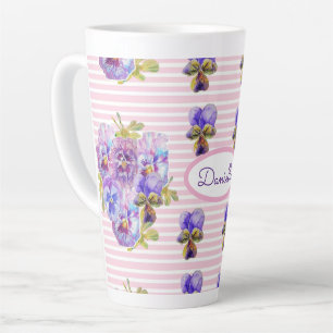 Caneca De Café Latte Pansy Floral Viola Vintage Mulheres em Greve Rosa 