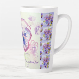 Caneca De Café Latte Panteras Pansíveis Flor Flor de Aquarela Púrpura C