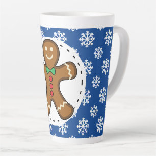 Caneca De Café Latte Pão-pão no padrão azul de flocos de neve brancos