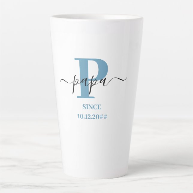 Caneca De Café Latte Papa Elegante Script Monograma Blue Latte Mug (Frente)