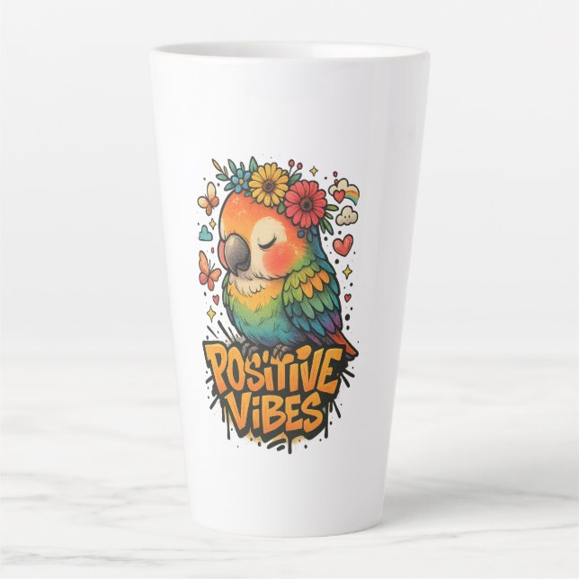 Caneca De Café Latte Papagaio “Vibrações Positivas” (Frente)