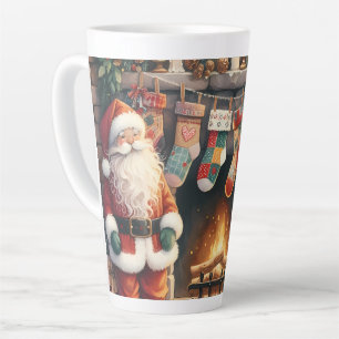 Caneca De Café Latte Papai Noel junto à Lareira Meias de Natal