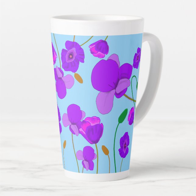 Caneca De Café Latte Papaver Poppy Lilac sobre fundo azul pálido (Ângulo direito)