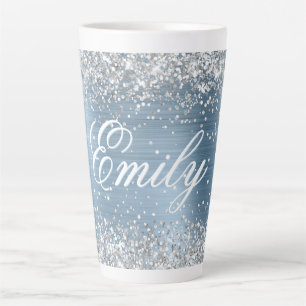 Caneca De Café Latte Papel Prateado Personalizado com Brilho Azul Claro