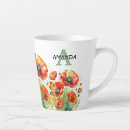 Caneca De Café Latte Papoulas Vermelhas Bonitas Monograma Floral Papoul